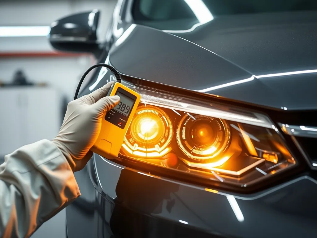 Professional technician testing car headlight brightness wit
